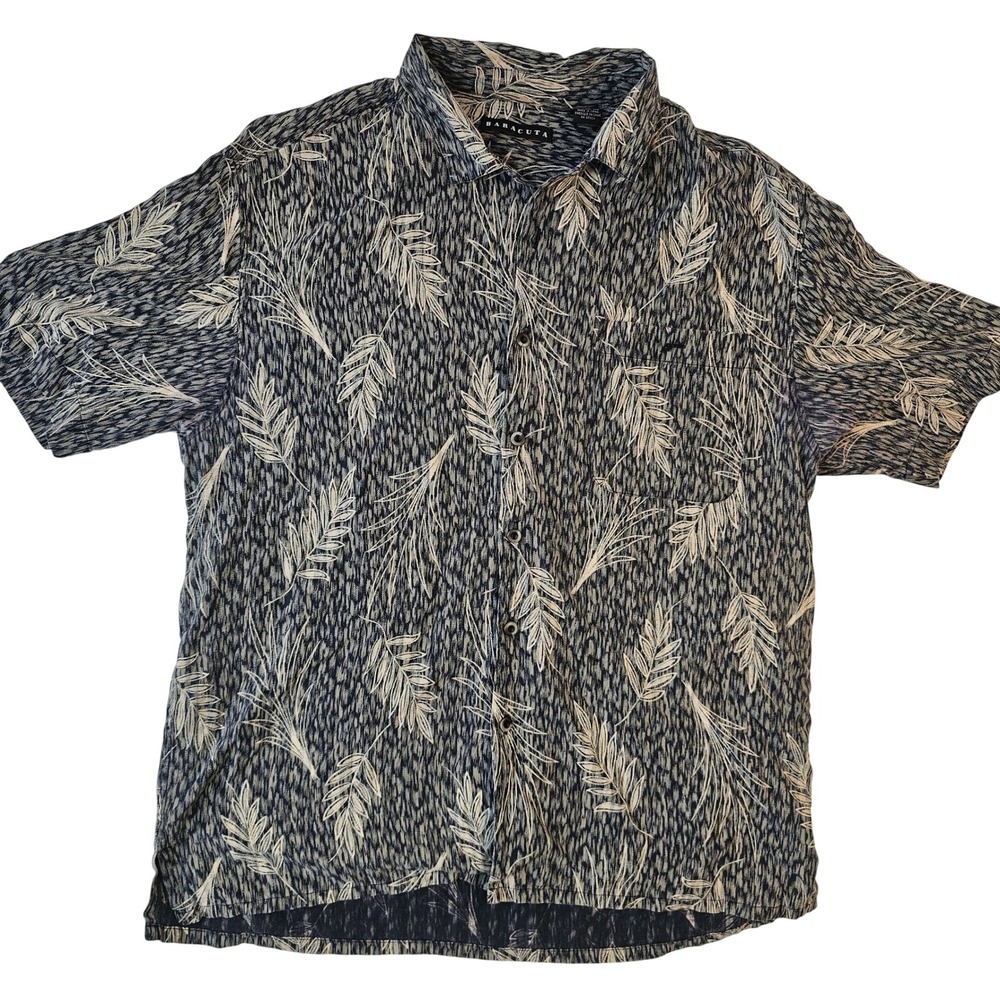 Baracuta Mens Large 100% Silk Short Sleeve Button Down Shirt Navy Leaf Print